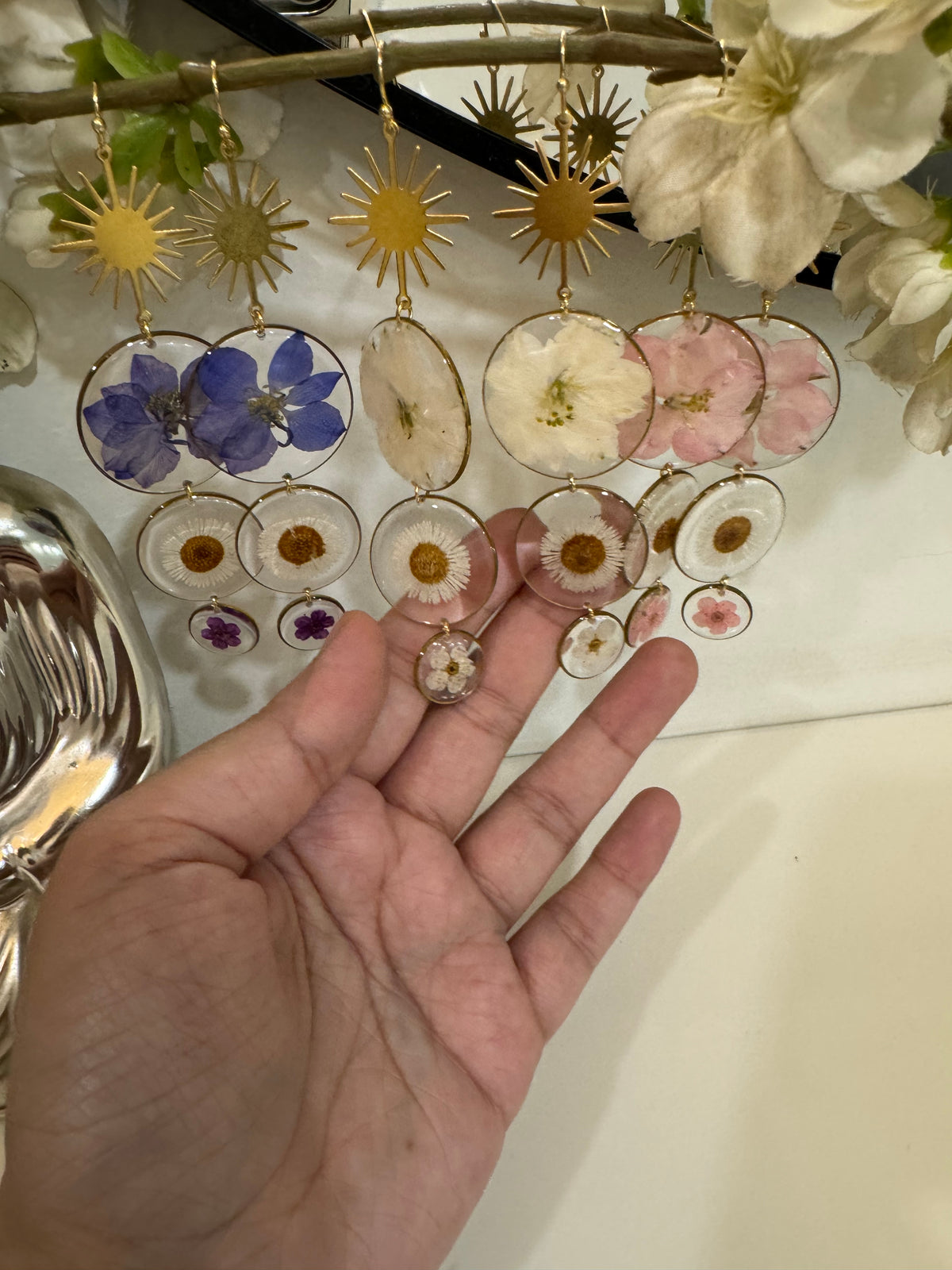 Elegant Drop Earrings with Real Pressed Dried Flowers