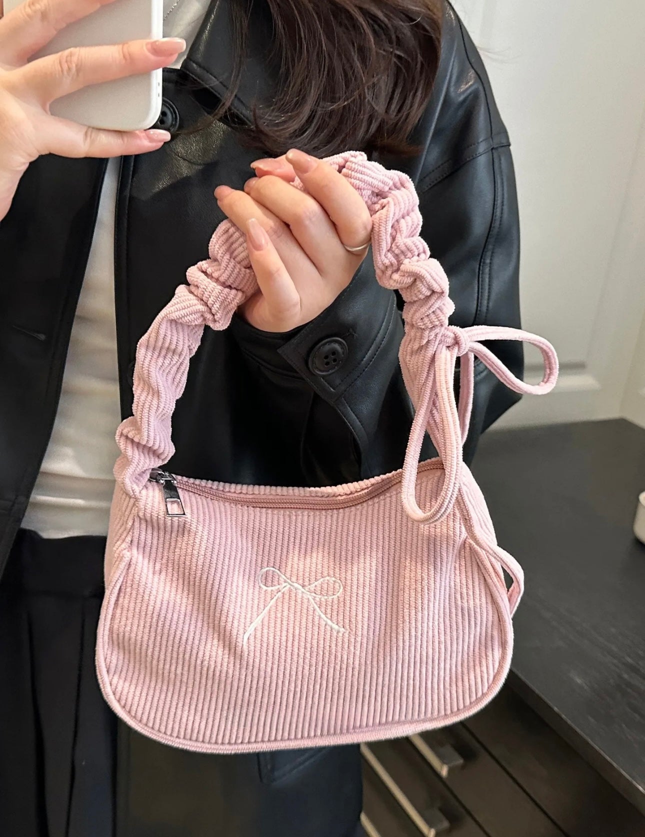 Premium Ribbed Pink Bow Bag
