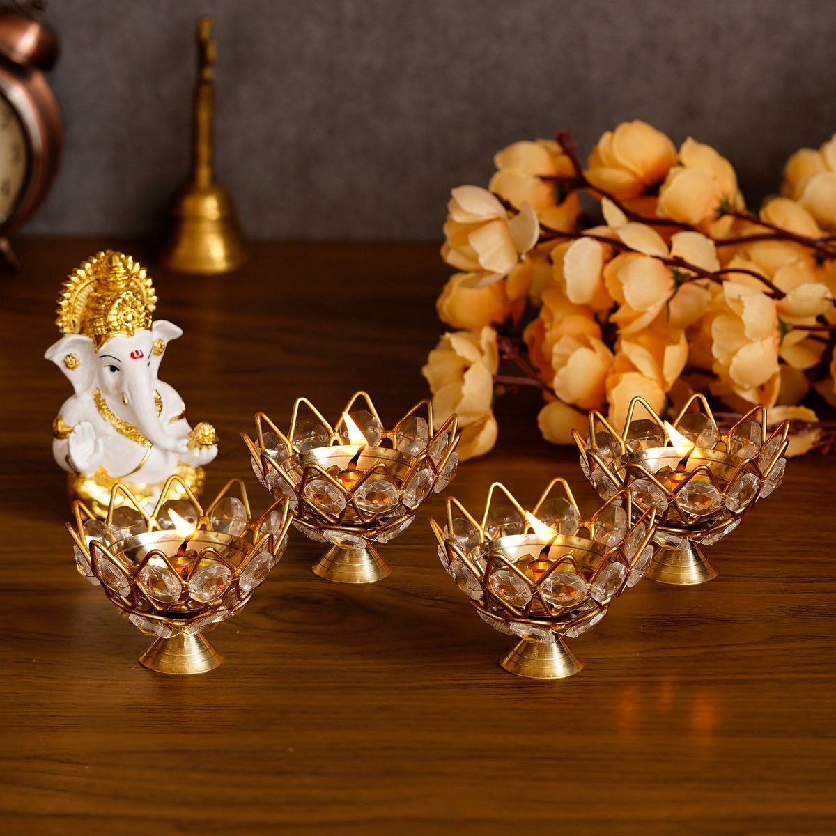 Elegant Lotus Shape Crystal Tea Light/Diya Holder (Gold) - Set of 6