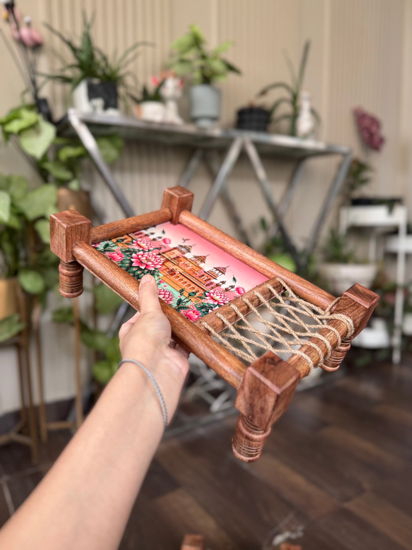 Rustic “Jaipur” Print Wooden Khatiya Tray/ Khaat Tray / Khaat Platter / Khatiya Platter / Cot Tray