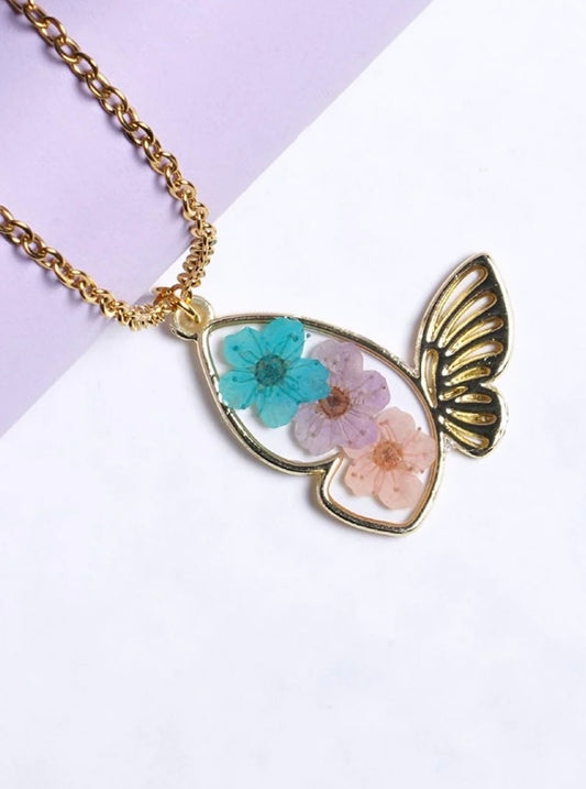 Butterfly Pendant with Real Pressed Flowers