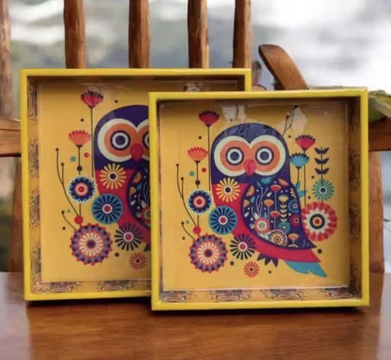 Premium Mango Wood Owl Print Trays - Set of 2