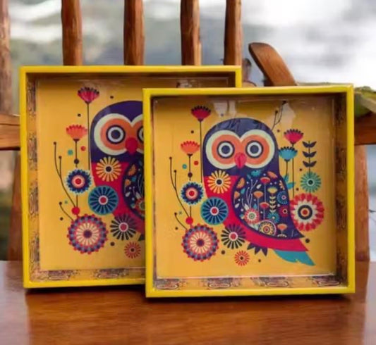 Premium Mango Wood Owl Print Trays - Set of 2