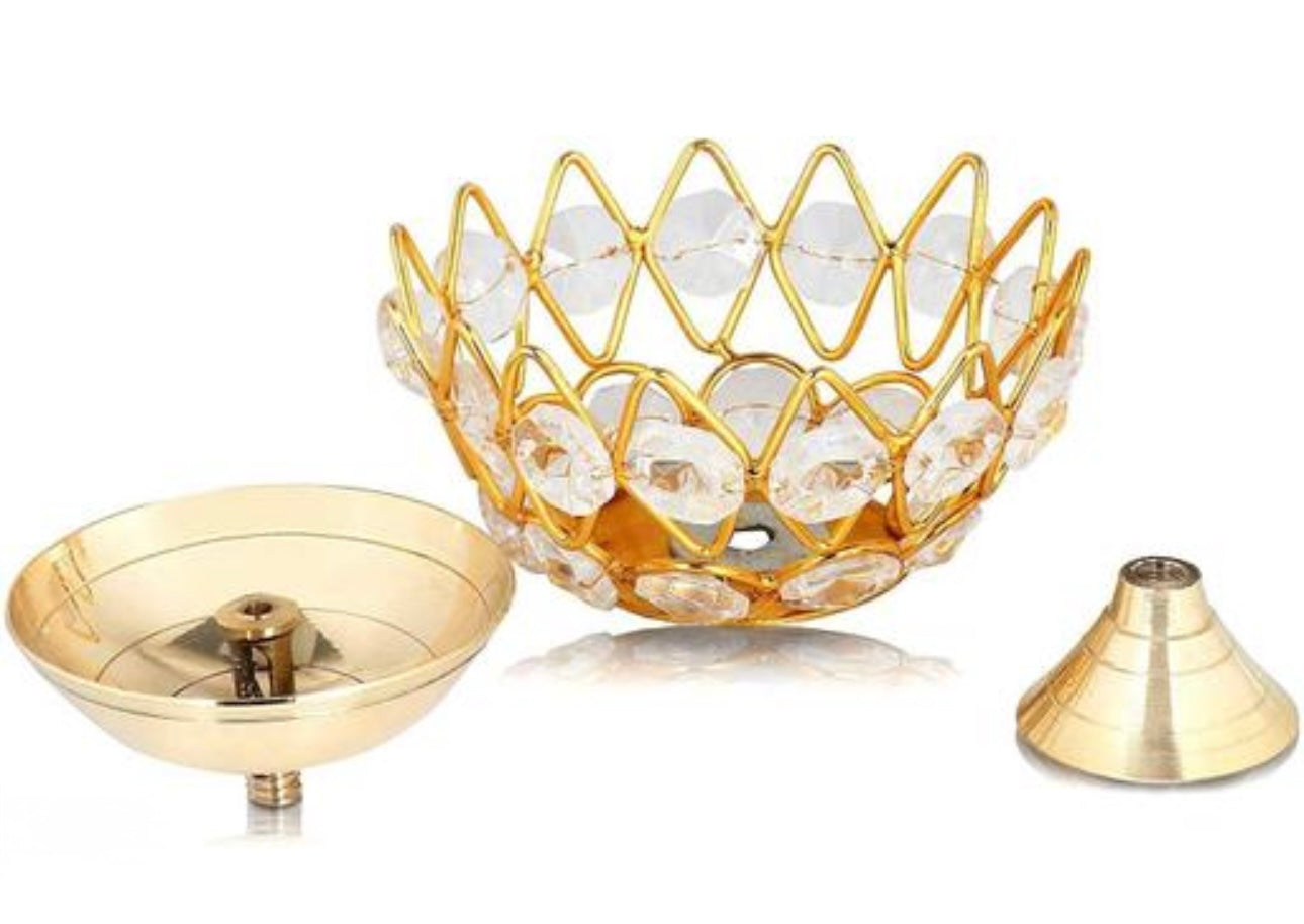 Elegant Lotus Shape Crystal Tea Light/Diya Holder (Gold) - Set of 6