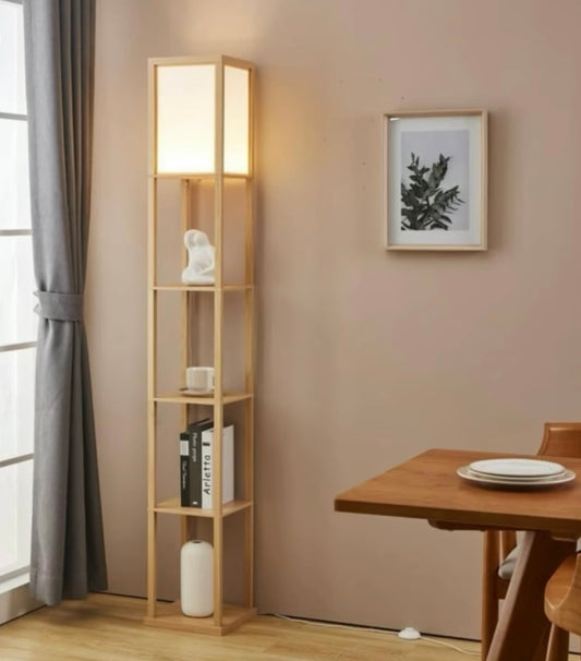 Wooden Floor Lamp with 4-Tier Shelves