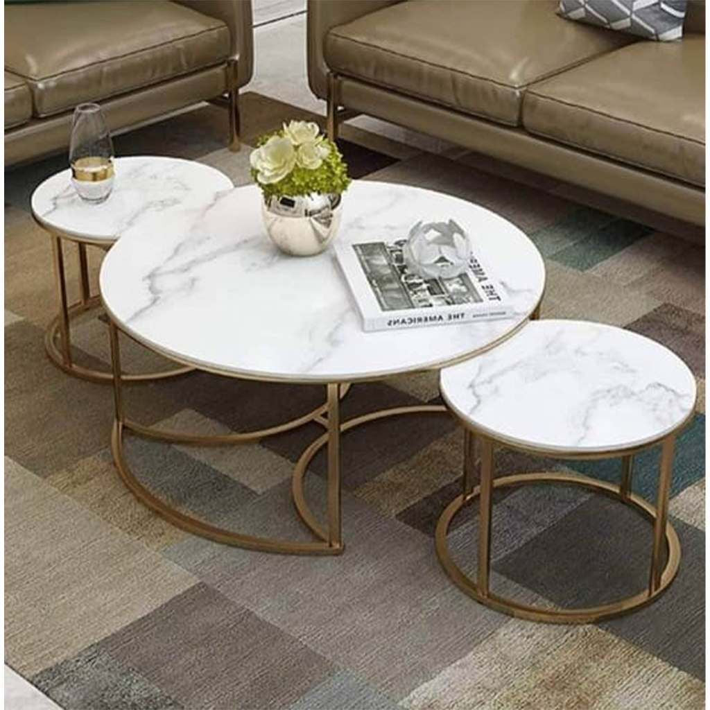 Living Room Nesting Coffee Tables with White Faux Marble Top & Metal Base