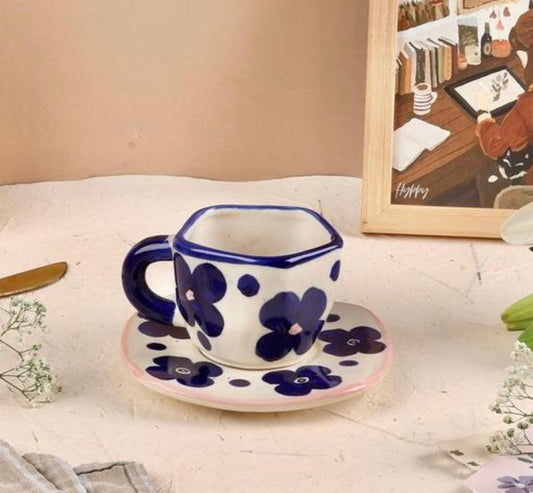 Blue & White Flowers Mug & Saucer Set