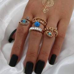 Vintage Boho Statement Gold Blue Evil Eye Rings - Set of 4