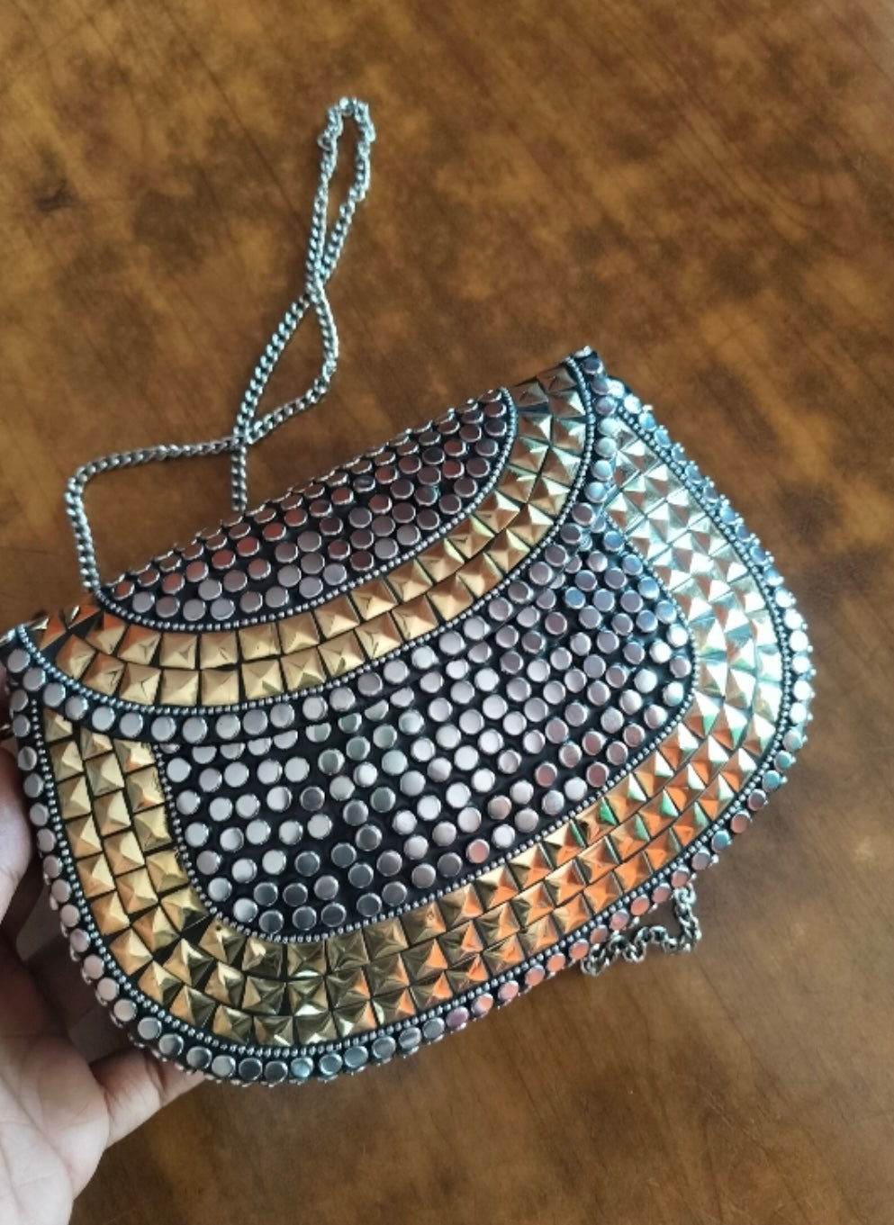 Boho Mirror Detail Metal Hand Bag