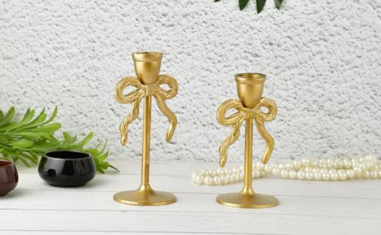 Aesthetic Gold Bows Candle Holder - Set of 2
