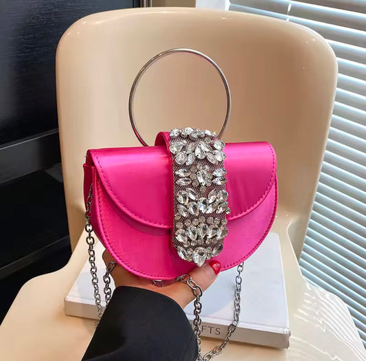 Exclusive Studded Rhinestone Detail Statement Saddle Bag with Round Handle