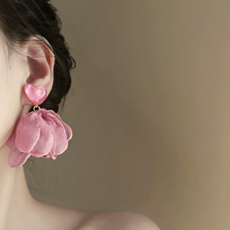 Heart Shape Lace Mesh Flower Chiffon Earrings