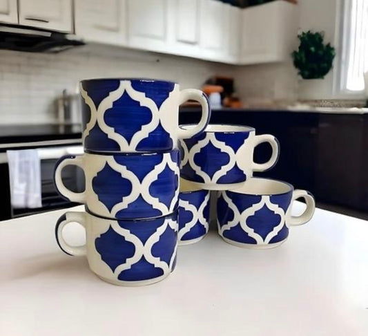 Moroccan Blue & White Ceramic Cups - Set of 6