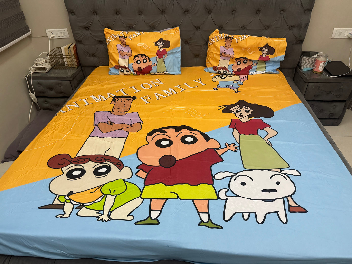Cute Shinchan Design Elasticated King Size Non-Slip Bedsheet