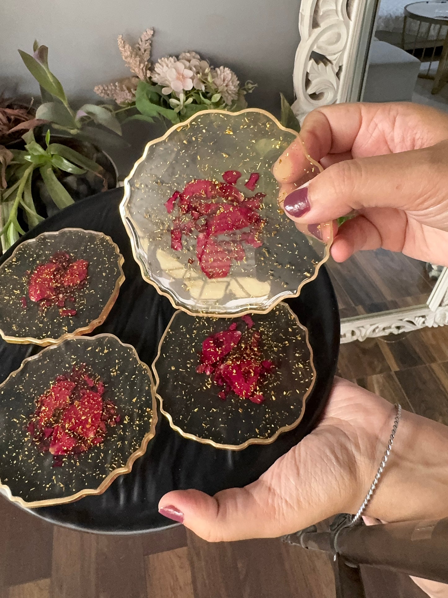 Coasters with Real Rose Petals