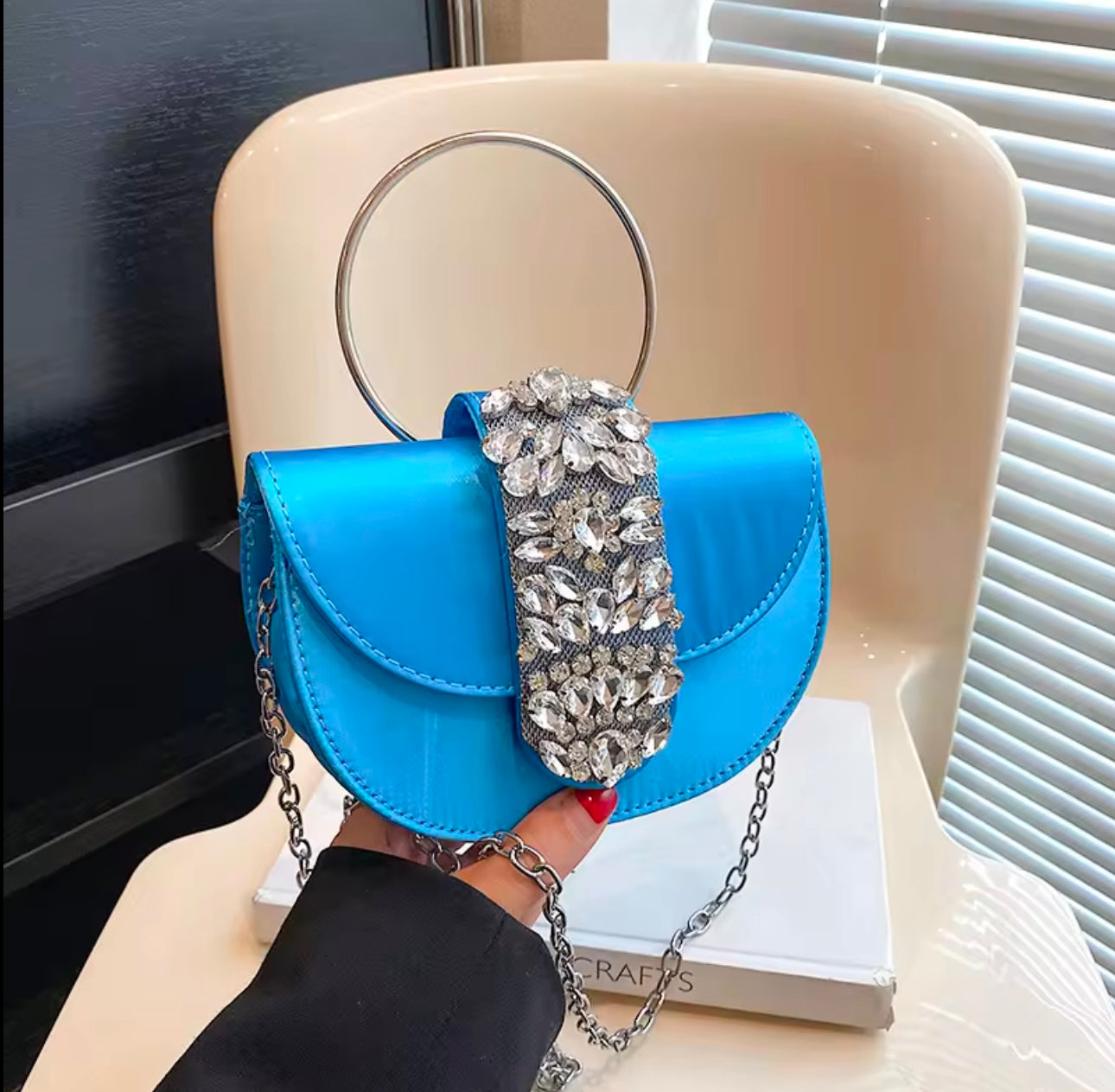 Exclusive Studded Rhinestone Detail Statement Saddle Bag with Round Handle