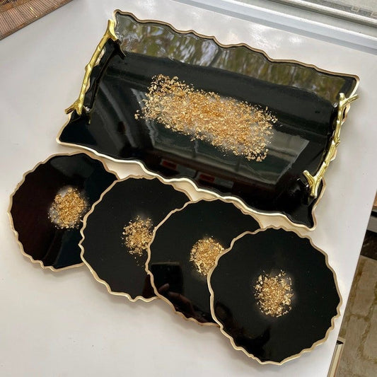 Luxe Black Decorative Tray with Gold Accent