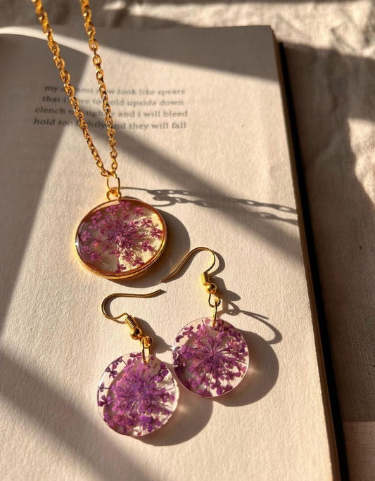 Pendant & Earrings Combo with Real Pressed Flowers