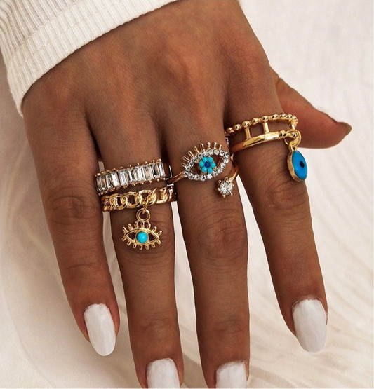 Vintage Boho Statement Gold Blue Evil Eye Rings - Set of 4