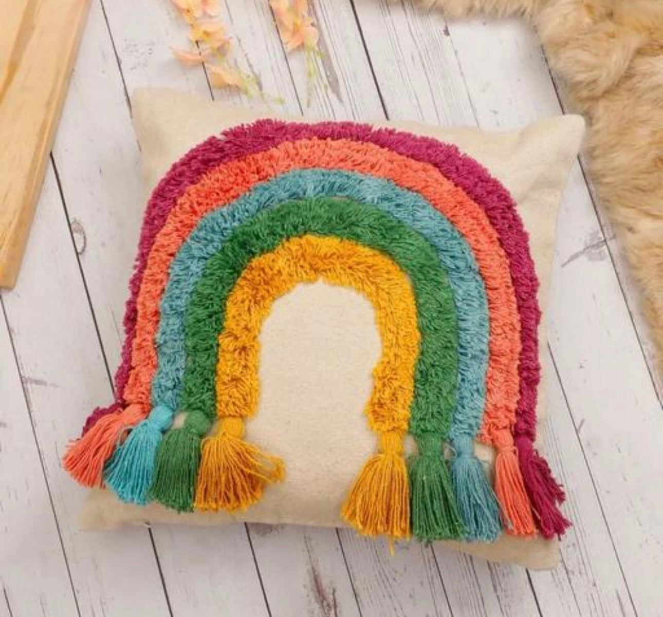 Woven Rainbow Tassels Tufted Boho Pillow Cover