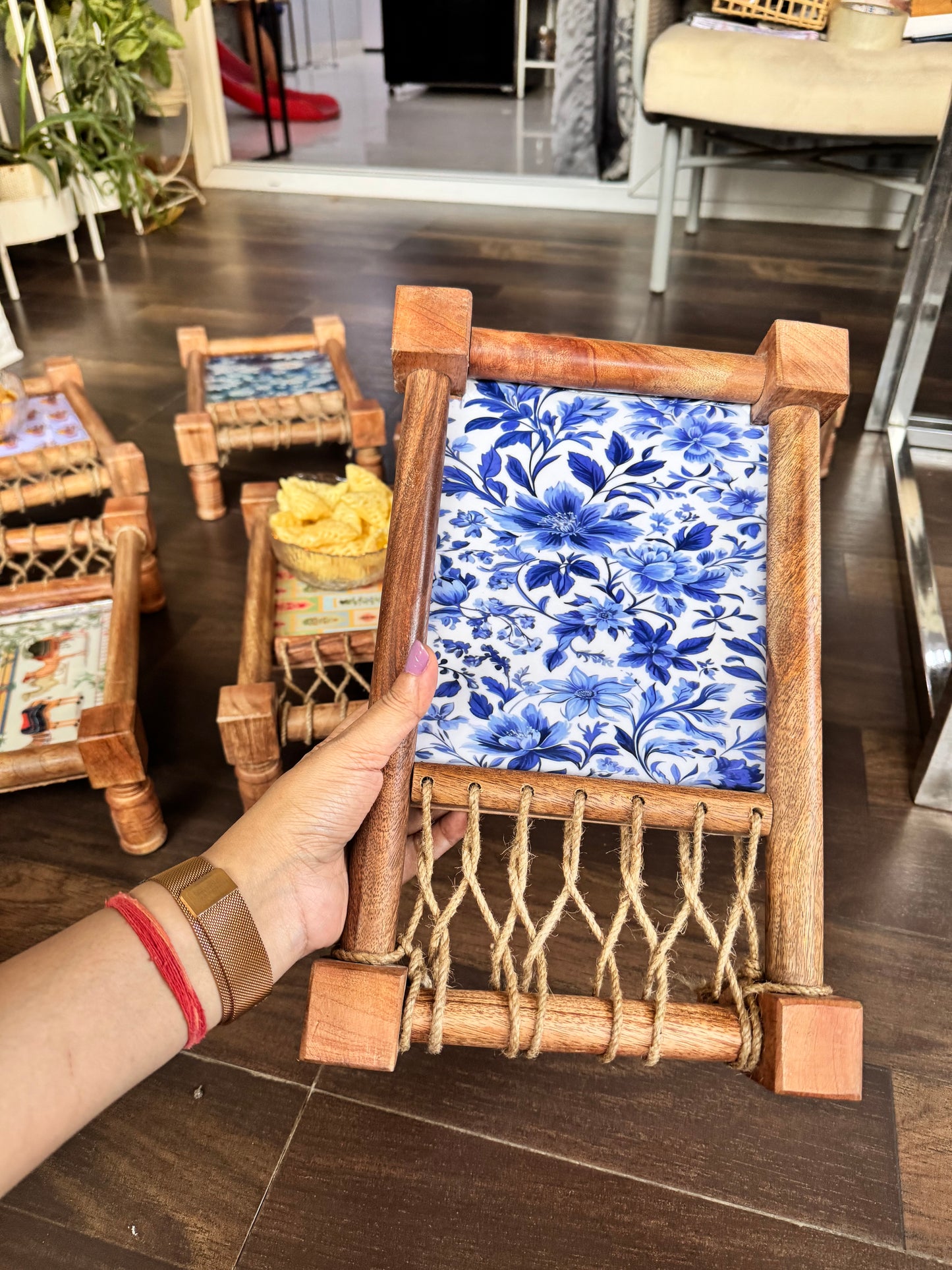 Traditional Blue Pichwai Print Wooden Khatiya/Cot Tray