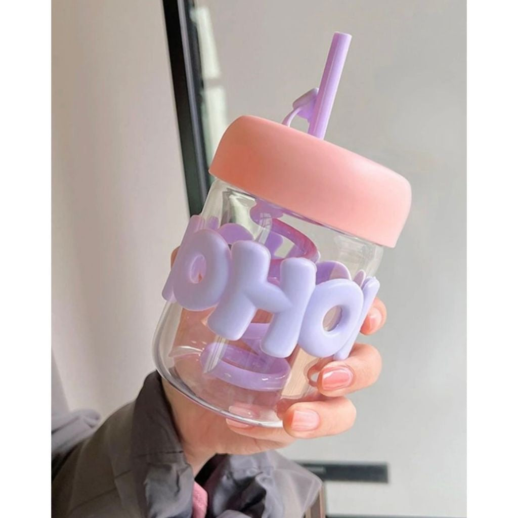 Cute Hohoho Portable Glass Tumbler with Straw & Lid