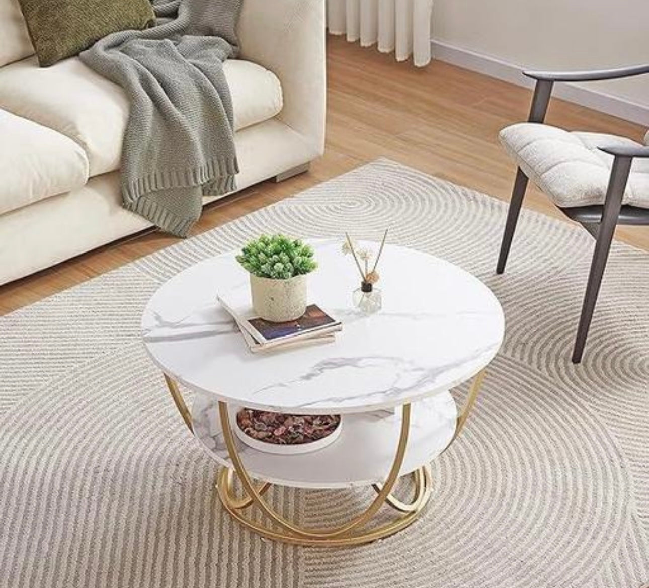 Elegant Centre Coffee Table with White Faux Marble Top & Metal base