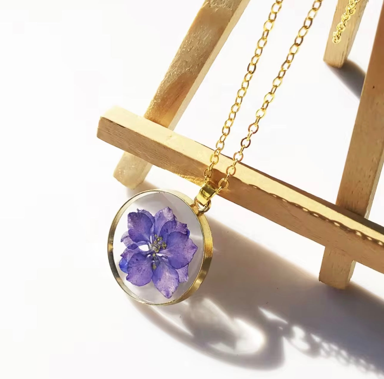 Real Delphinium Consolida Purple Larkspur Flower Pendant