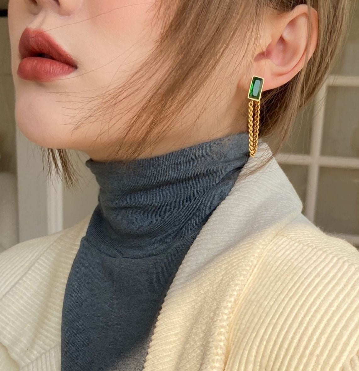 Emerald Green Chain Stud Earrings