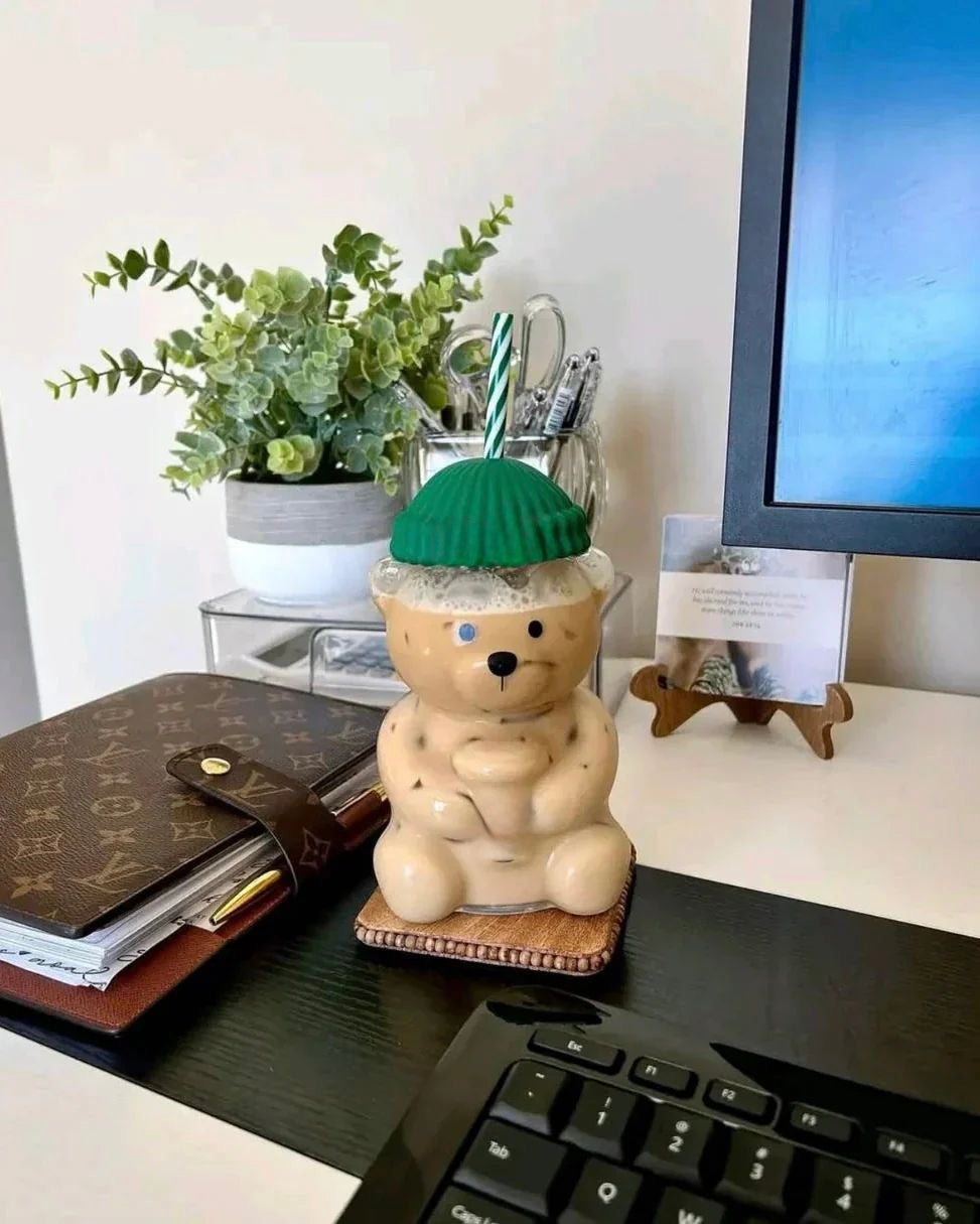 Cute Teddy Glass Tumbler with Straw & Lid