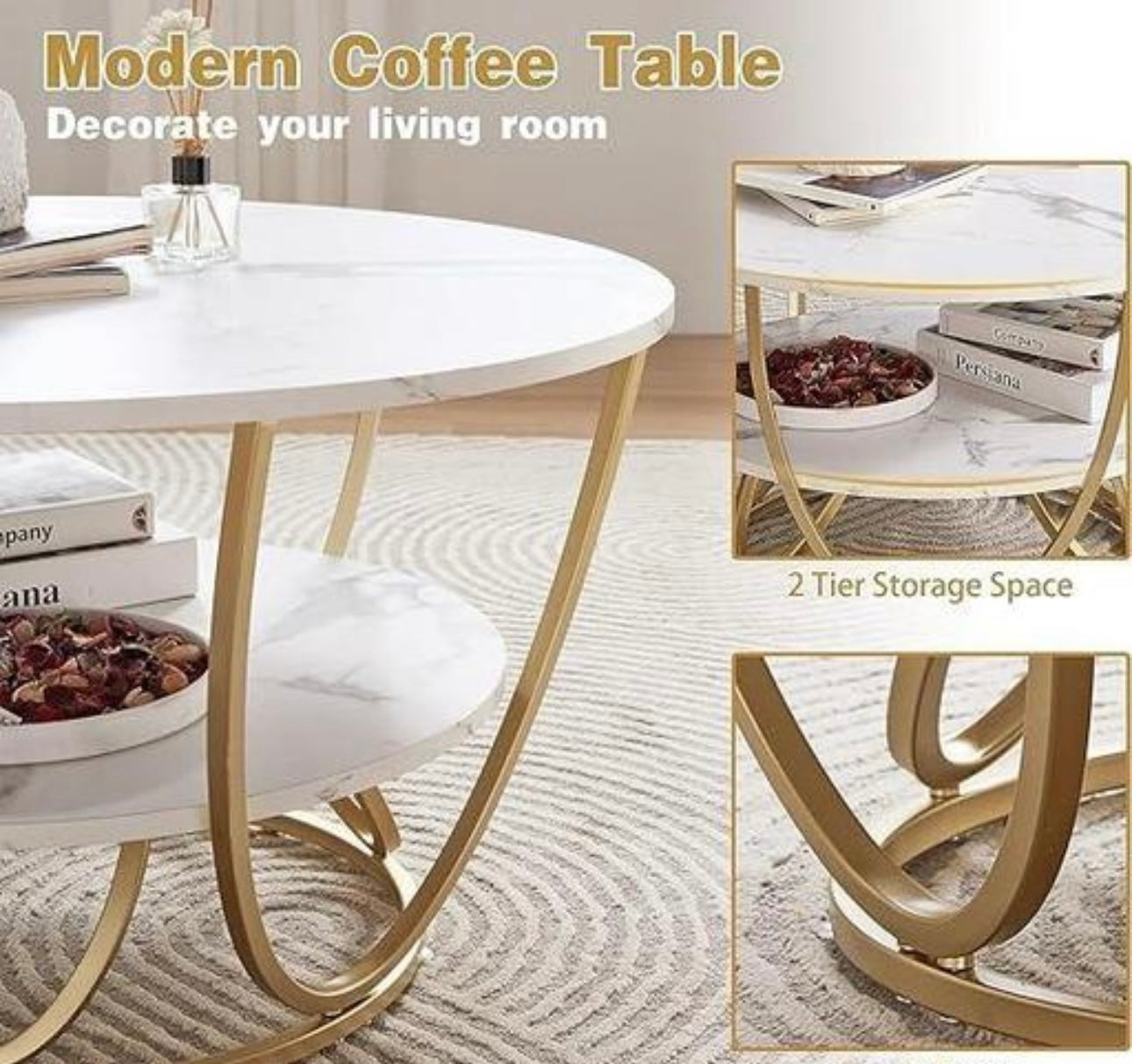 Elegant Centre Coffee Table with White Faux Marble Top & Metal base