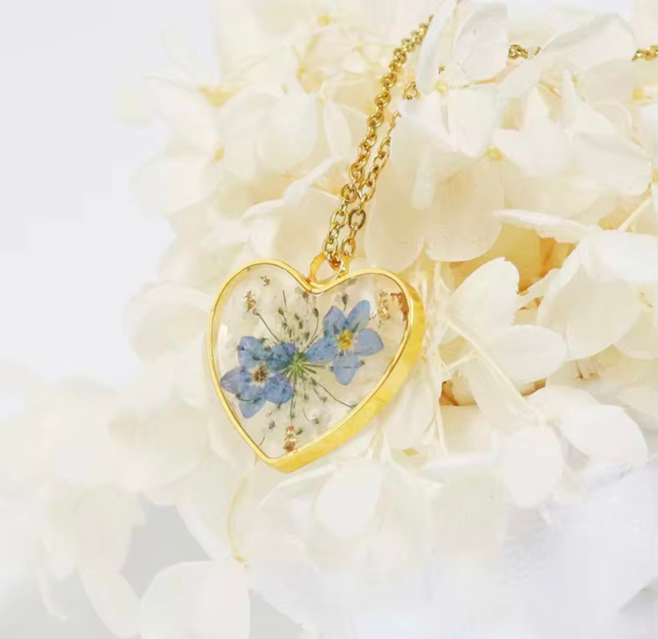 Heart Pendant with Real Forget-Me-Not Pressed Flowers