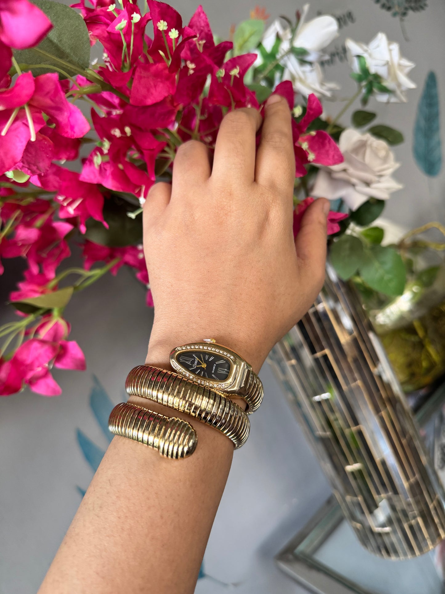 Exquisite Gold Plated Spiral Snake Watch / Serpentine Bracelet