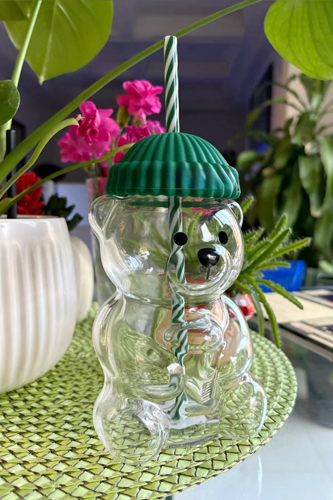 Cute Teddy Glass Tumbler with Straw & Lid