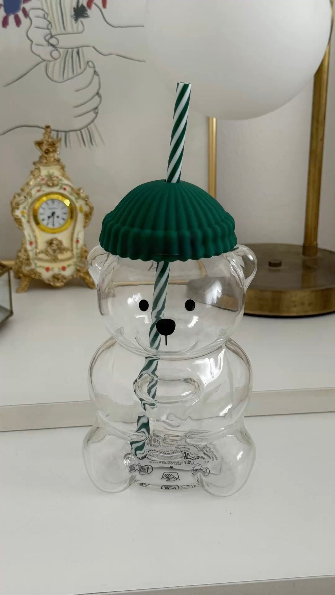 Cute Teddy Glass Tumbler with Straw & Lid