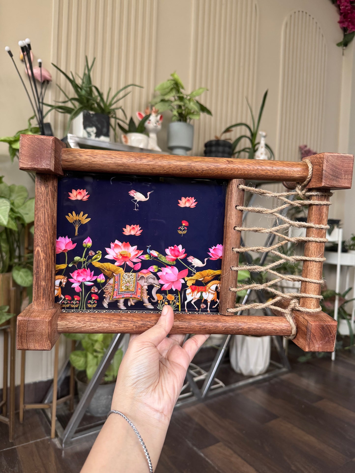 Heritage Lotus Print Wooden Khatiya Tray/ Khaat Tray / Khaat Platter / Khatiya Platter / Cot Tray