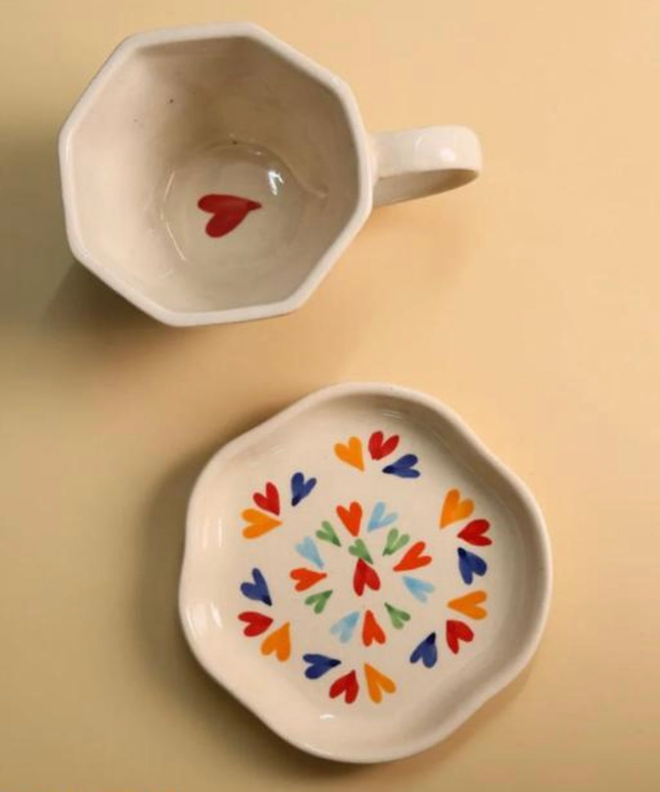 Colorful Heart Print Mug & Saucer Set