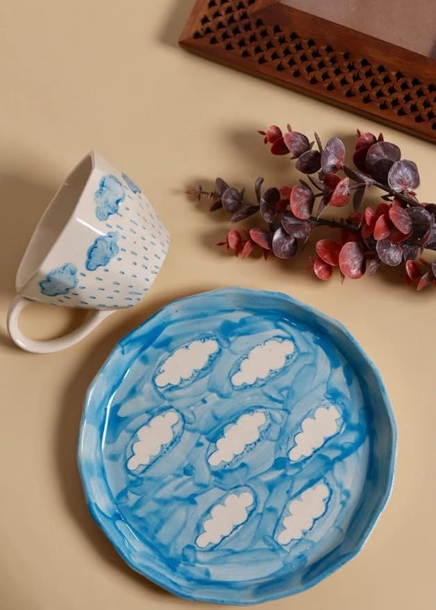 Aesthetic Blue & White Rain & Clouds Mug & Saucer Set