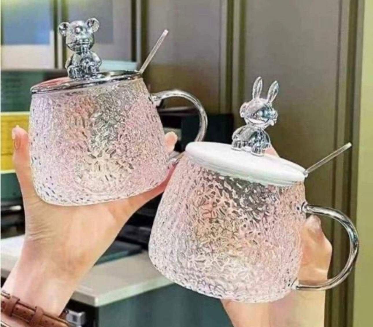 Frosted Glass Tumbler with Straw & Teddy Lid
