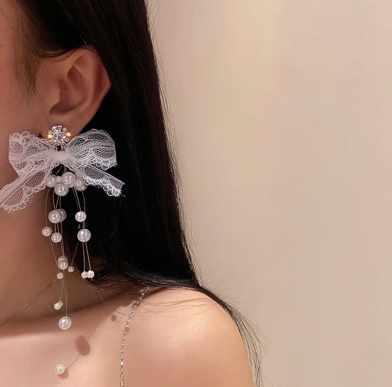 Pearl Diamond Lace Bow Long Earrings