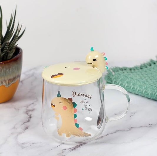 Ceramic Transparent Dino Mug with Lid & Spoon