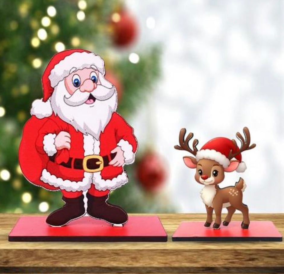 Wooden Tabletop Santa & Deer Combo