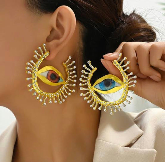 Gold Toned Evil Eye Statement Hoop Dangler Earrings