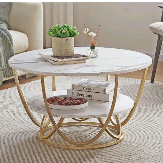 Elegant Centre Coffee Table with White Faux Marble Top & Metal base