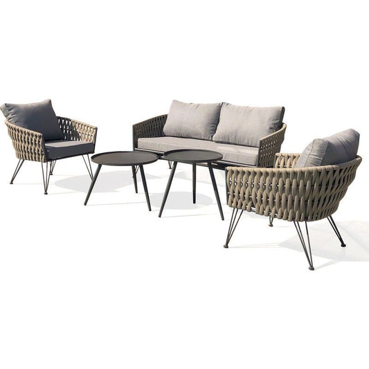 Rope design patio set: 2 Chairs + Glass Table (Dark Grey & Light grey)