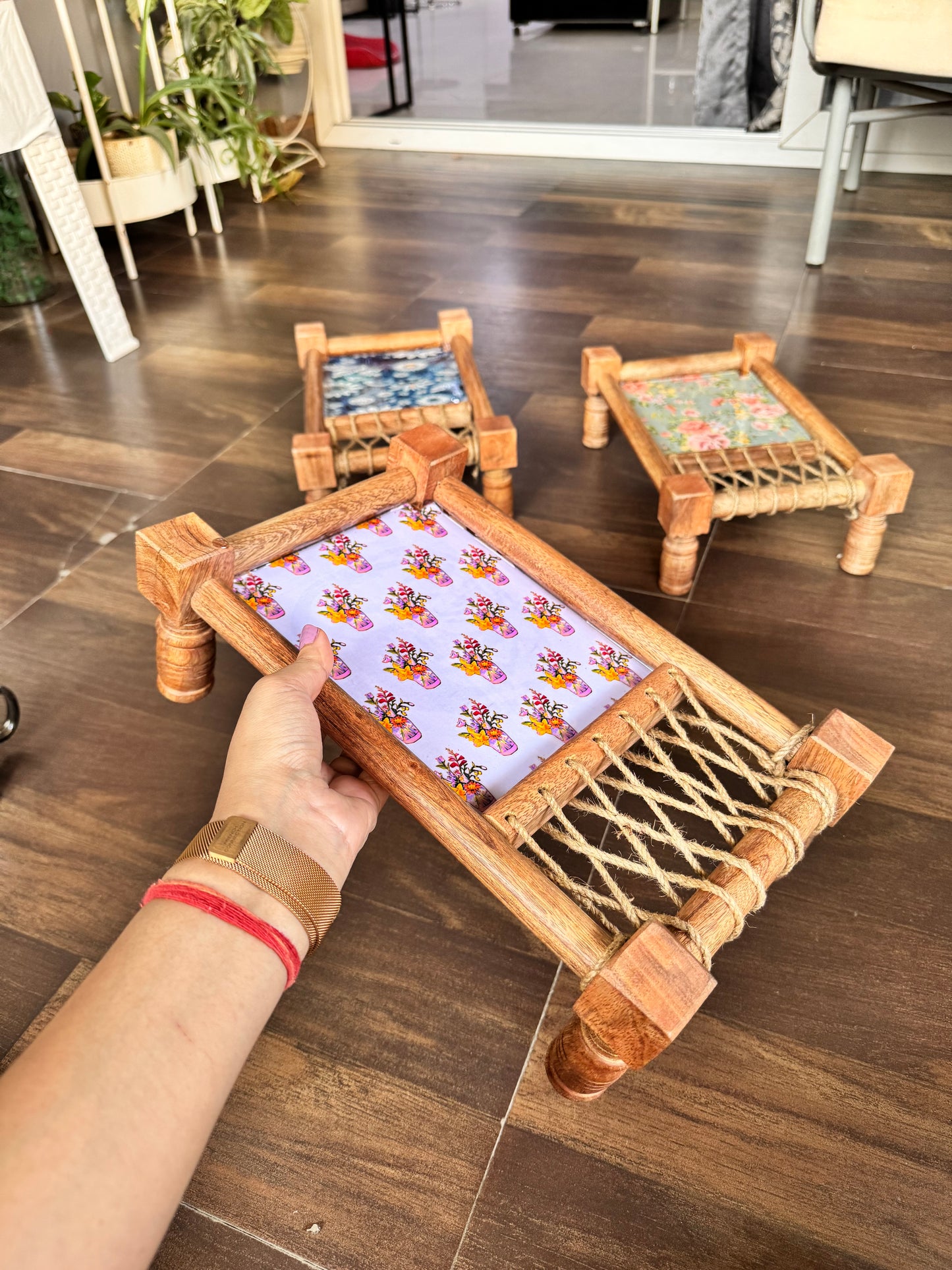 Royal Elegance Floral Print Wooden Khatiya/Cot Tray