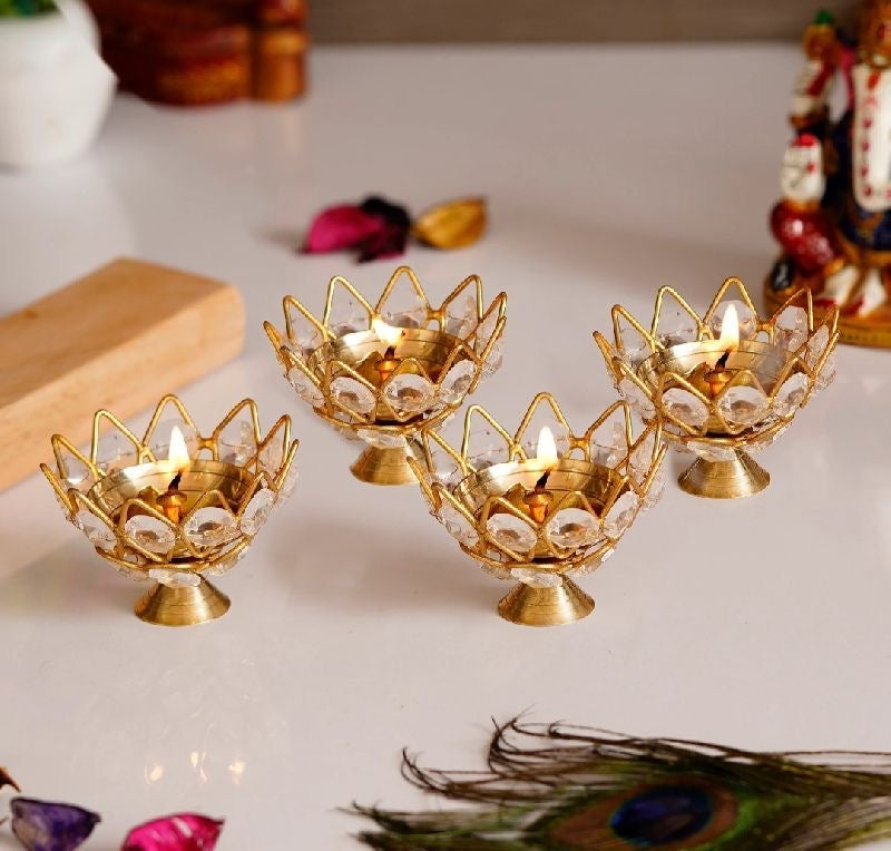 Elegant Lotus Shape Crystal Tea Light/Diya Holder (Gold) - Set of 6