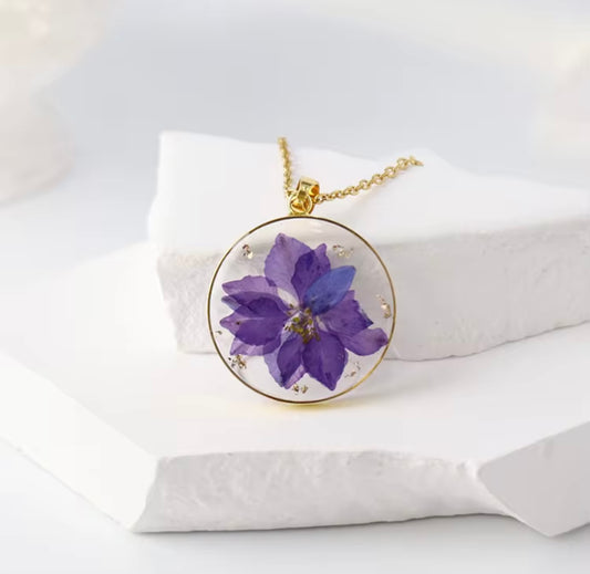 Real Delphinium Consolida Purple Larkspur Flower Pendant