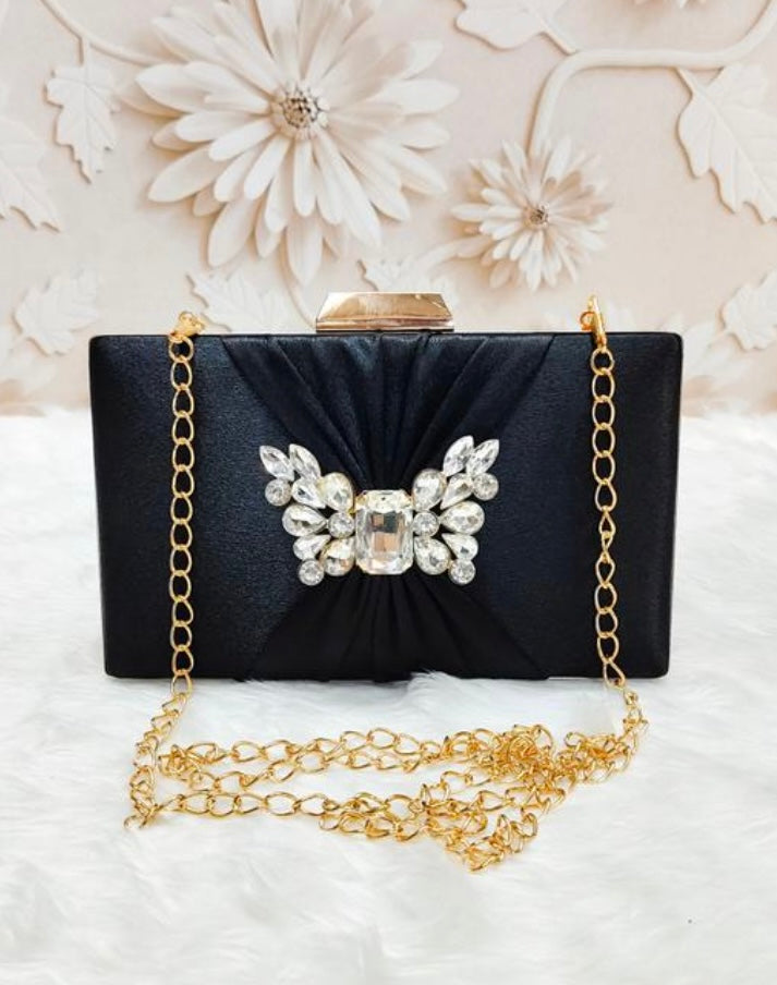 Elegant Satin Box Party Clutch Bag with Decorative Rhinestones Embellishments