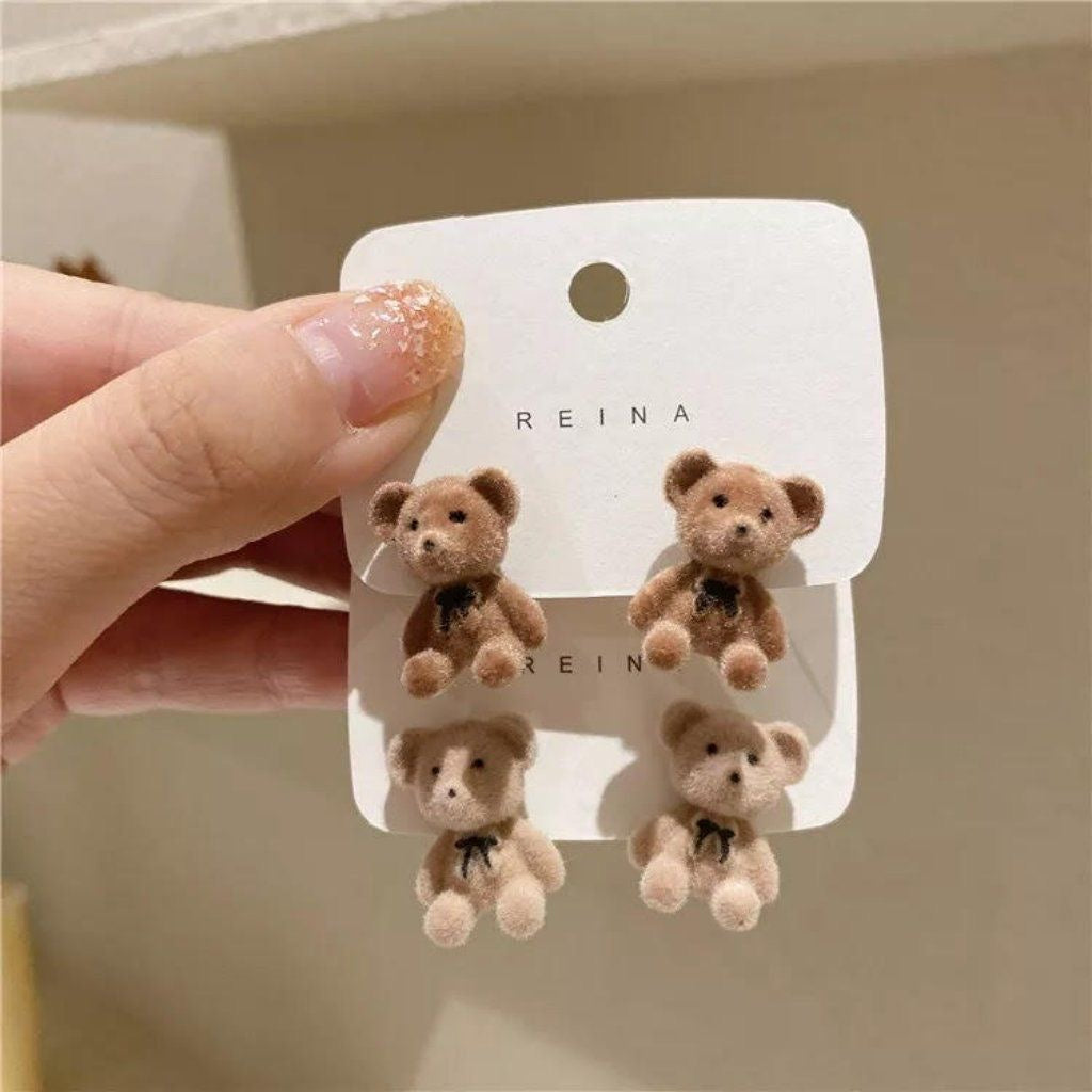 Cute Mini Bear & Bunny Plush Earrings - 2 Pairs